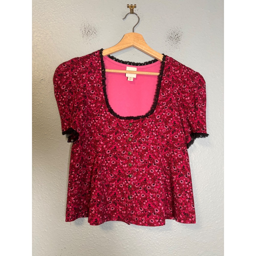 Anthropologie Maeve Puff Sleeve Babydoll Top Pink Floral Size Small - Picture 2 of 8